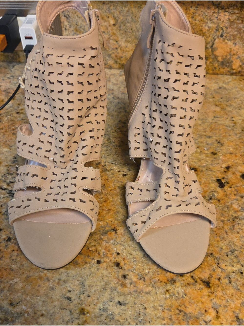 Forever 21 Cutout Peep-Toe Heeled Sandals — Beige